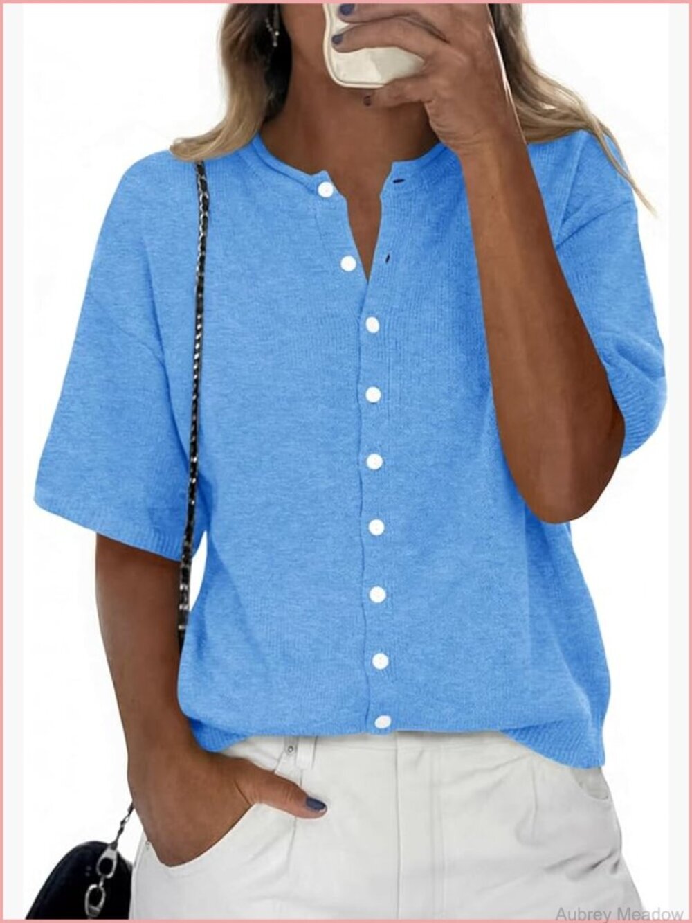 Short Sleeve Button Front Cardigan Lightweight Crew Neck Knit Sweater Top